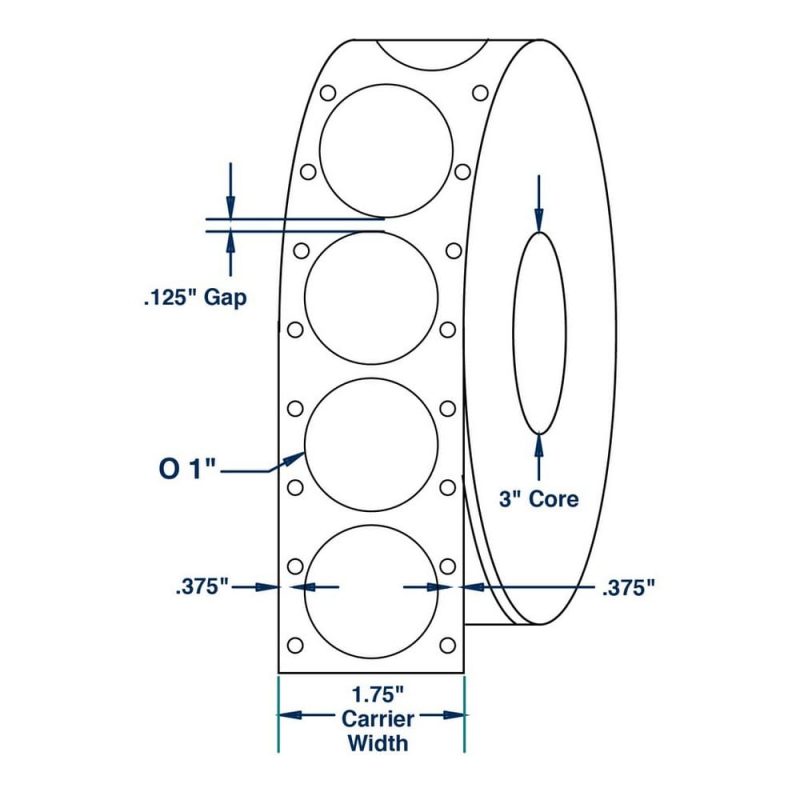 1" x 1" White pinfeed Wafer Tab Seals 3125 Labels per Roll (16 Rolls per Carton)