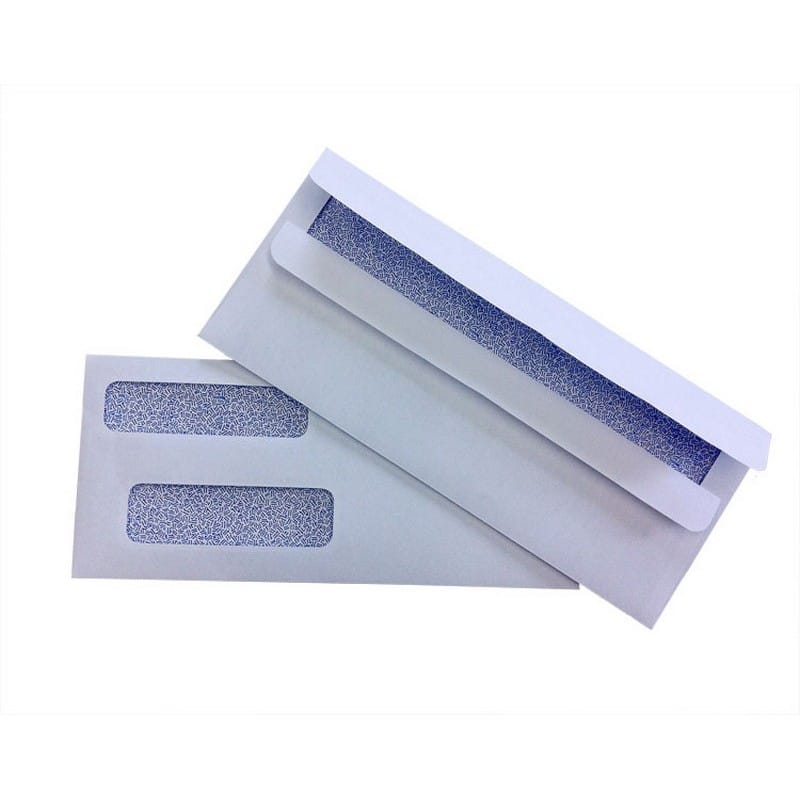 #9, Double Window Envelope, 3-7/8" x 8-7/8", 24# White Wove, Blue Woodgrain Inside Tint, (Box of 500)