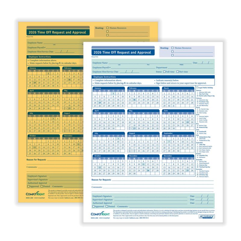 ComplyRight 2026 Time Off Request and Approval Form, 2-Part (Pack of 50)