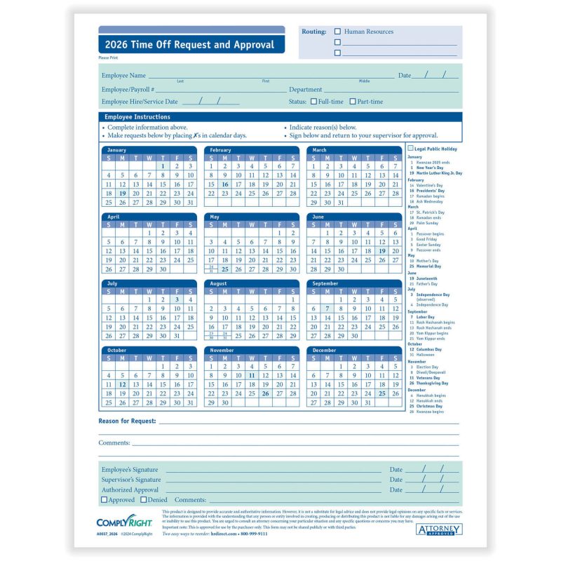 ComplyRight 2026 Time Off Request and Approval Calendar (Pack of 50)