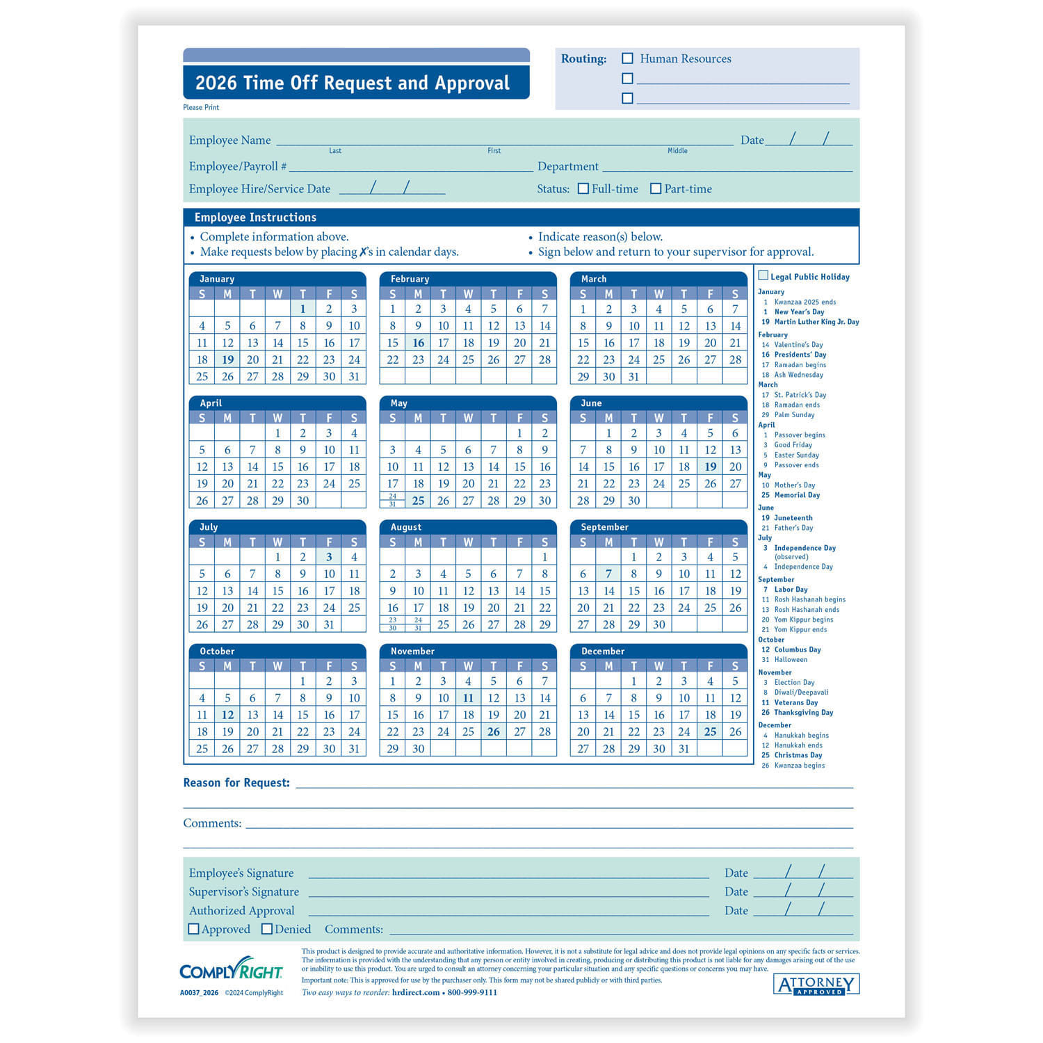 ComplyRight 2026 Time Off Request and Approval Calendar (Pack of 50)