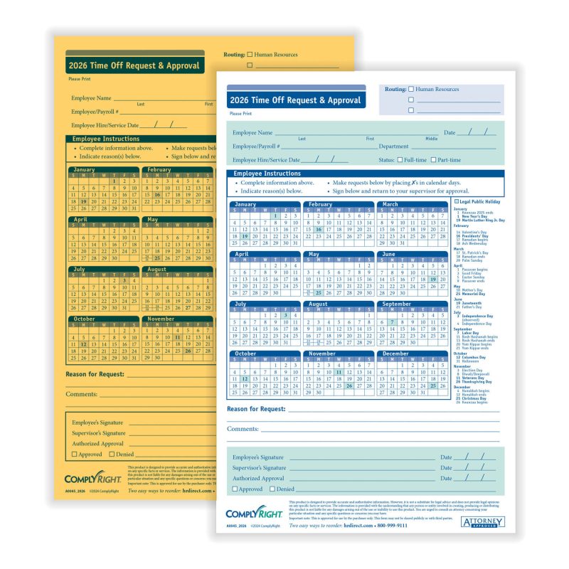 ComplyRight 2026 Time Off Request and Approval Form, 5-1/2" x 8-1/2", 2-Part (Pack of 50)