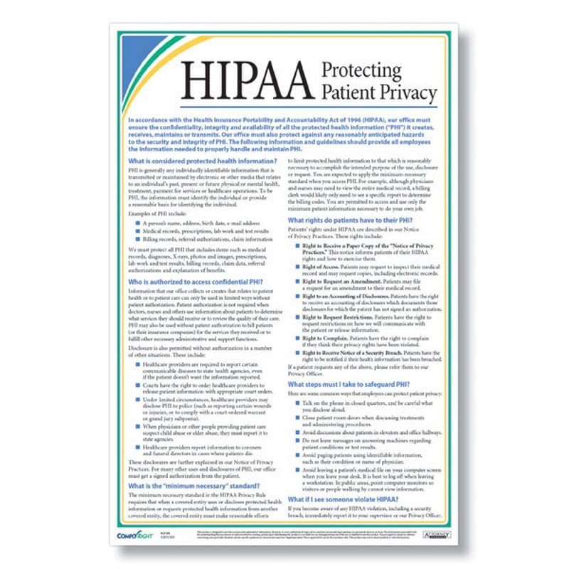 HIPAA Protecting Patient Privacy Poster, Laminated, 12" x 18" - 1 per Pack