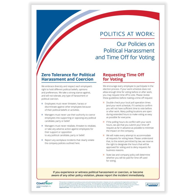 Politics at Work - Political Harassment & Time Off for Voting Poster, 10" x 14" (Pack of 1)