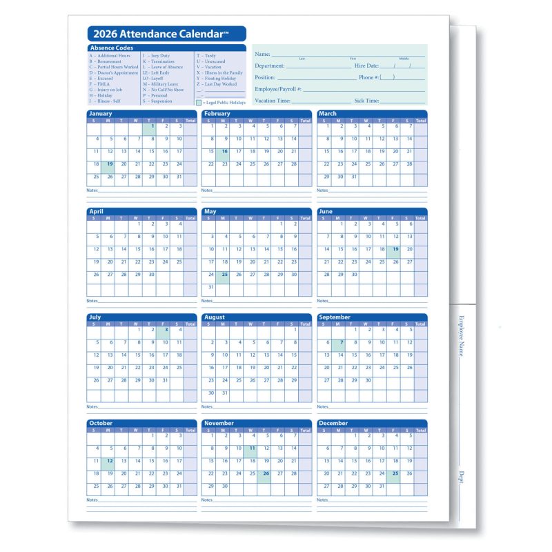 ComplyRight 2026 Attendance Calendar Folder, White, Pack of 25
