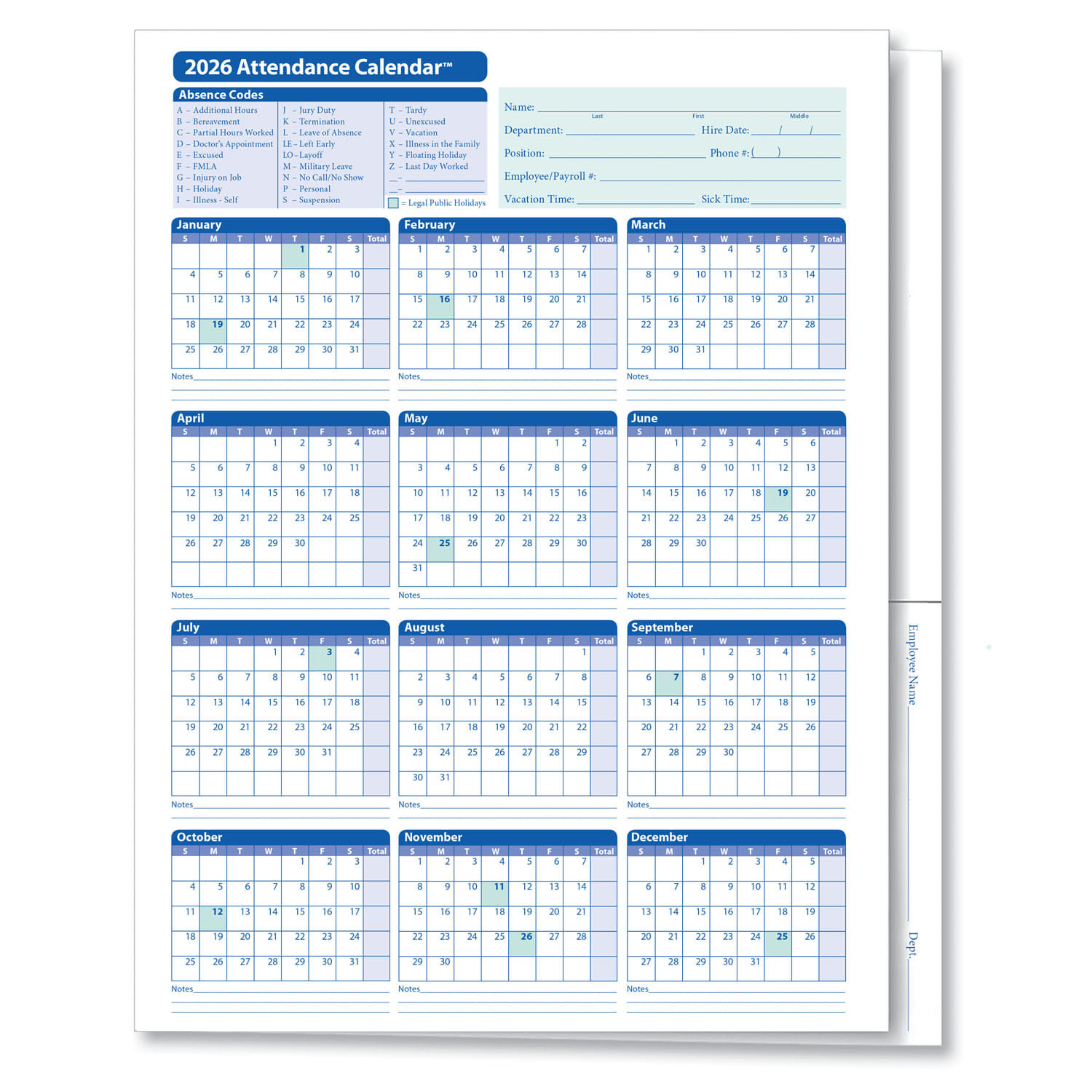 ComplyRight 2026 Attendance Calendar Folder, White, Pack of 25