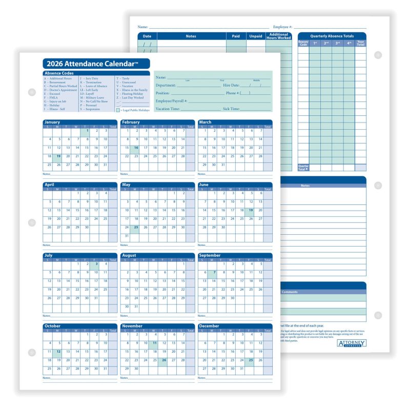 ComplyRight 2026 Attendance Calendar, White, 8-1/2" x 11" - 25 per Pack