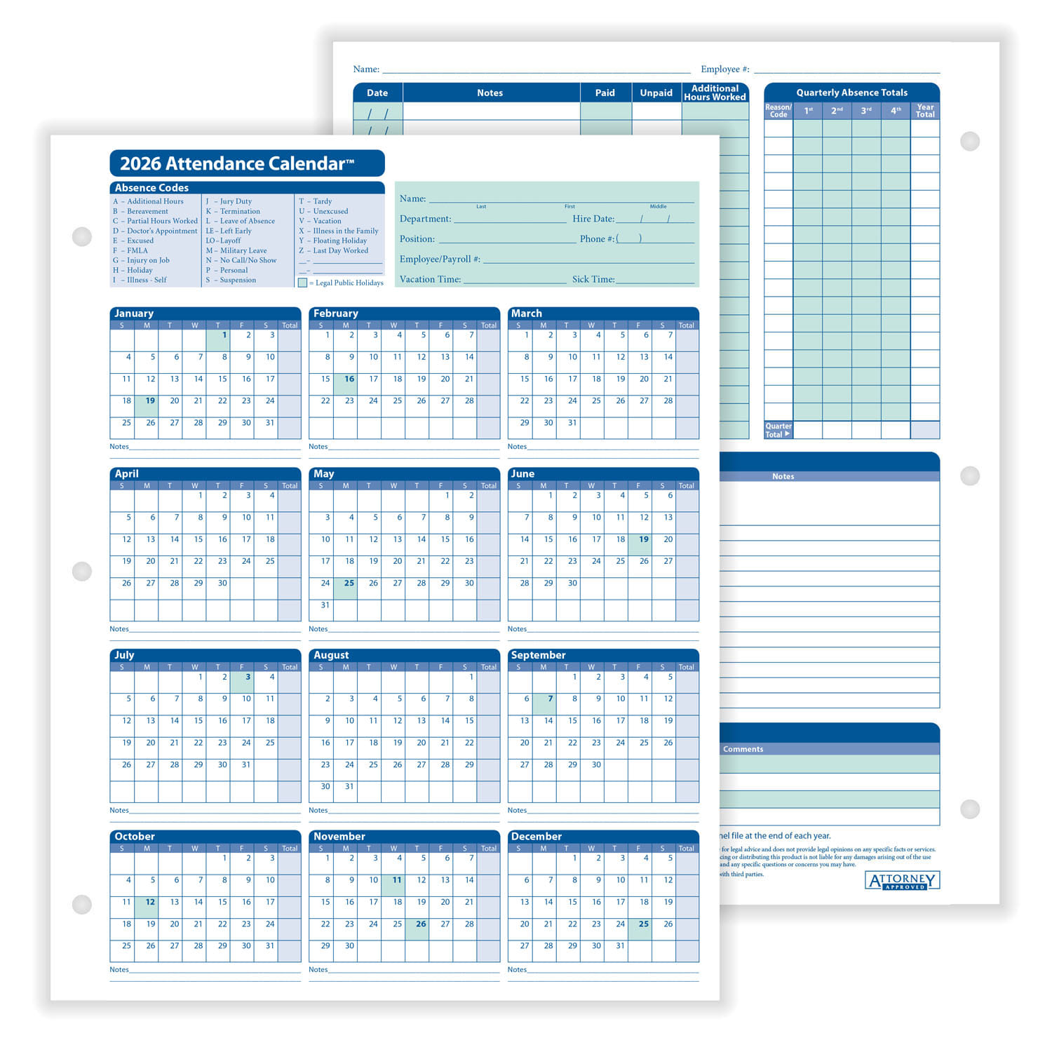 ComplyRight 2026 Attendance Calendar, White, 8-1/2" x 11" - 25 per Pack