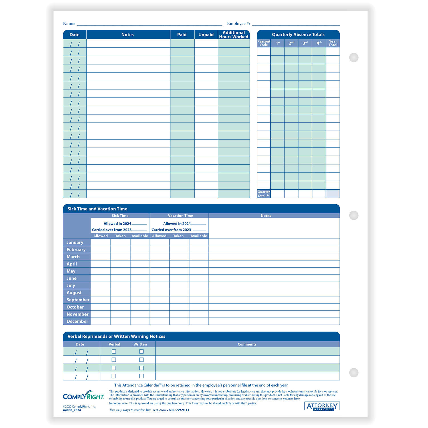 ComplyRight 2026 Attendance Calendar, White, 8-1/2" x 11" - 25 per Pack - Image 2
