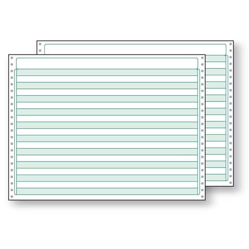 2-Ply 14-7/8'' x 11" (W x H) Standard Carbonless 13# Computer Paper, 1/2" Green Bar, No Marginal Perfs (Ream of 1500)