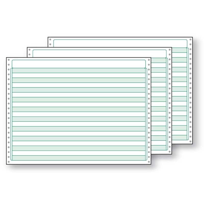 3-Ply 14-7/8'' x 11" (W x H) Standard Carbonless 13# Computer Paper, 1/2" Green Bar, No Marginal Perfs (Ream of 1000)