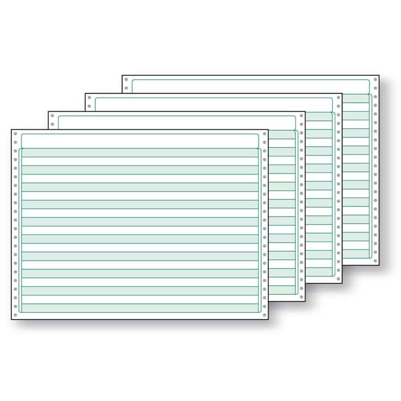 4-Ply 14-7/8'' x 11" (W x H) Standard Carbonless 13# Computer Paper, 1/2" Green Bar, No Marginal Perfs (Ream of 800)