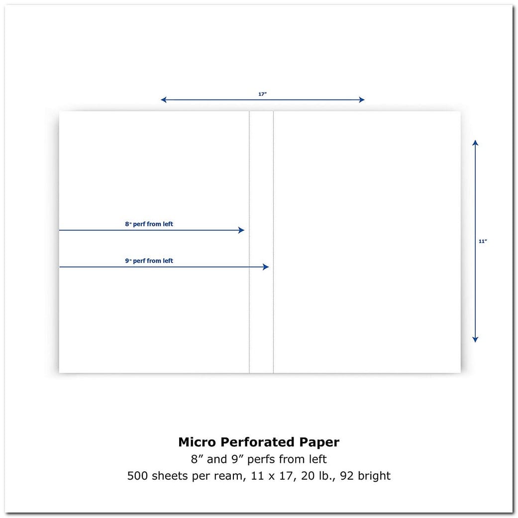 17" x 11" Laser Cut Sheet, 24# White Stock, 2 Vertical Perforations at 8" and 9" (Carton of 2500)