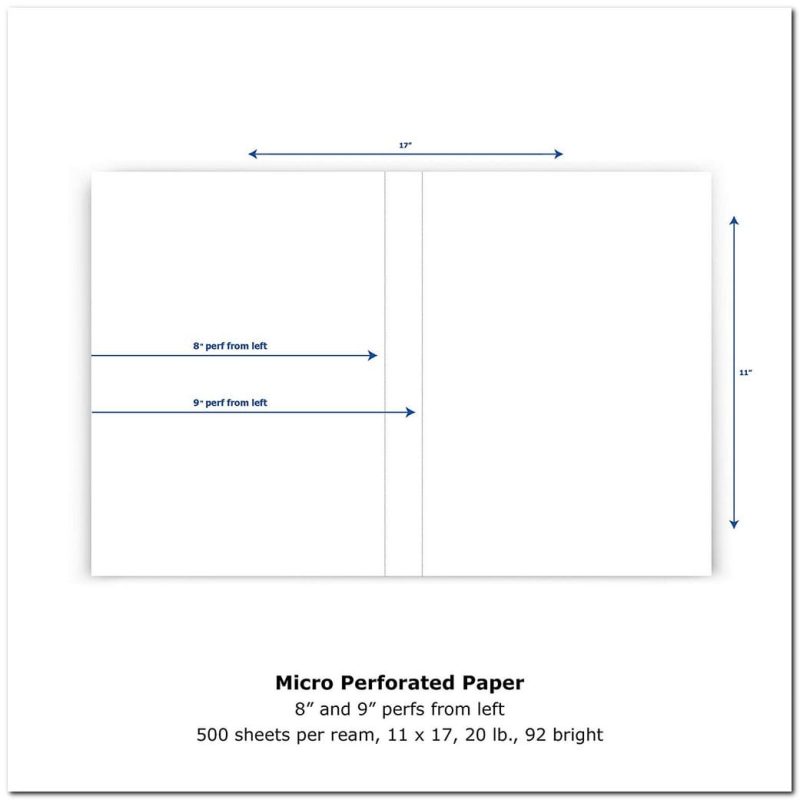17" x 11" Laser Cut Sheet, 20# White Stock, 2 Vertical Perforations at 8" and 9" (Carton of 2500)