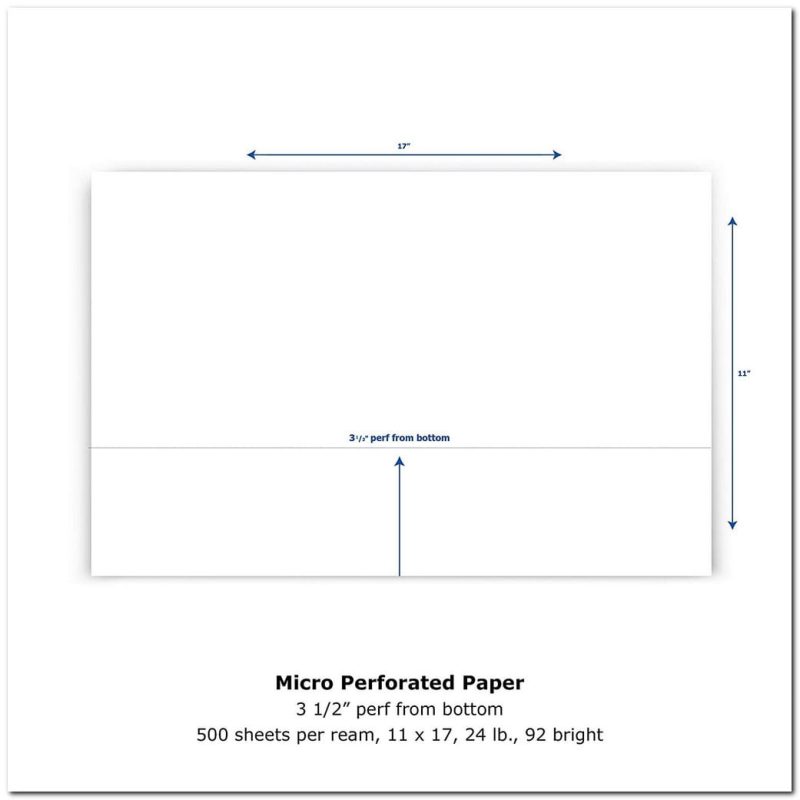 17" x 11" Laser Cut Sheet, 24# White Stock, 1 Horizontal Perforation 3-1/2" from Bottom (Carton of 2500)