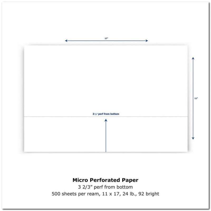 17" x 11" Laser Cut Sheet, 24# White Stock, 1 Horizontal Perforation 3-2/3" from Bottom (Carton of 2500)