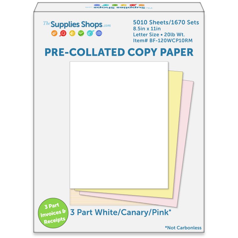 8-1/2" x 11" Pre-Collated 20# Colored Paper, 1670 White / Canary / Pink Sets (Carton of 5010 Sheets)