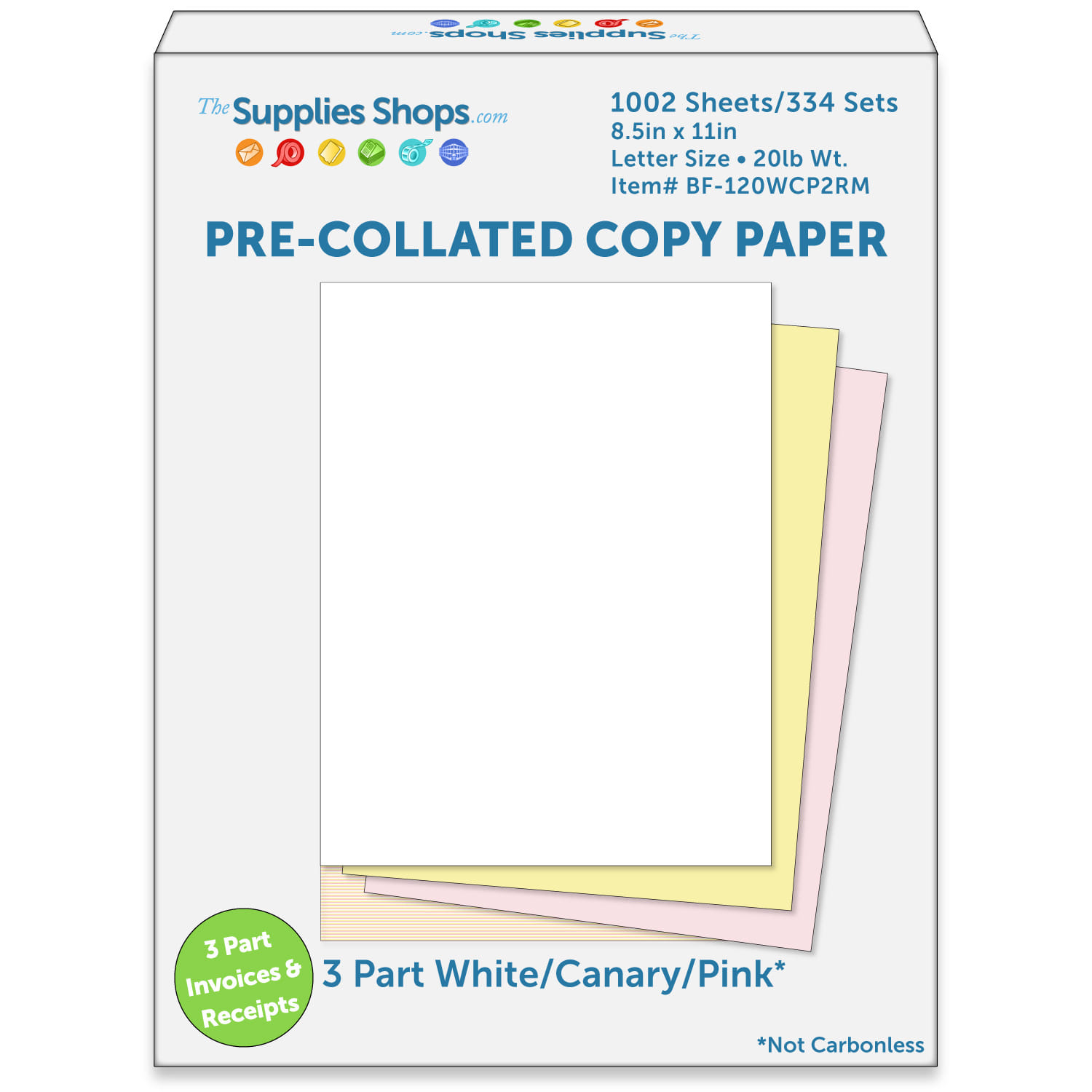 8-1/2" x 11" Pre-Collated 20# Colored Paper, 167 White / Canary / Pink Sets (Ream of 501 Sheets)
