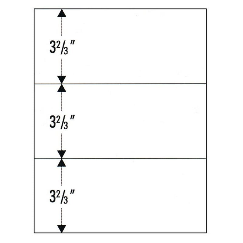 8-1/2" x 11" Laser Cut Sheet, 20# White Stock, 2 Horizontal Perforations 3-2/3" and 7-1/3" from Bottom (Carton of 2500)