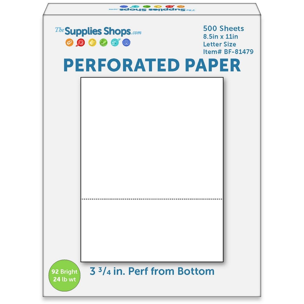 Perforated Paper, 3 3/4" From Bottom, Horizontal on White 24# Letter Size Copy Paper (Ream of 500)