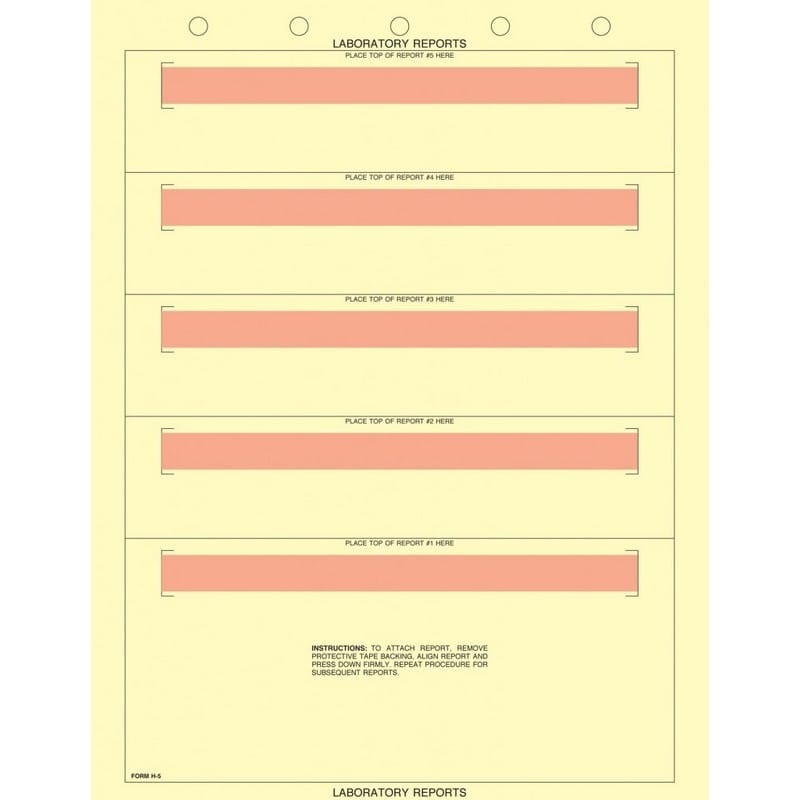 8-1/2" x 11" Canary Laboratory Report Sheets, 5 Hole Punch, Horizontal Adhesive Strips, Fits 5 Reports (500 per Box)