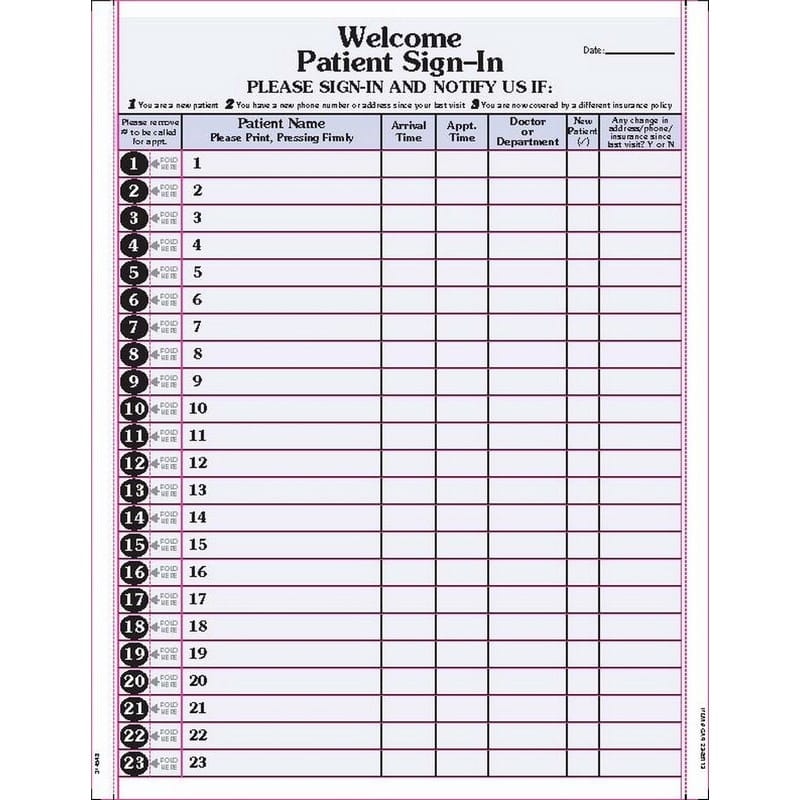 8-1/2" x 11" Patients Sign In, Side Stubs, 2 pt. Carbonless Form (Lot of 250)