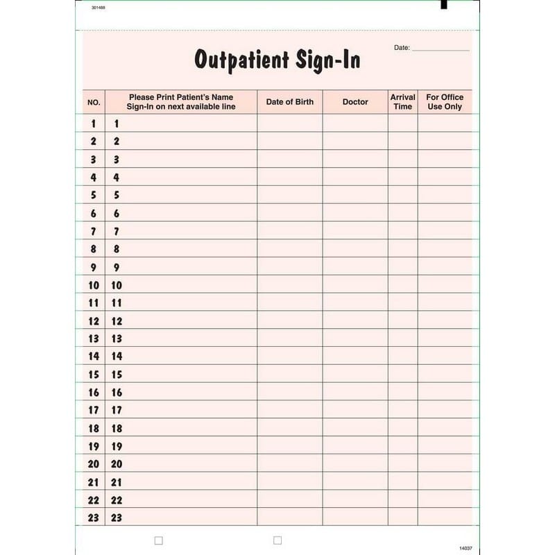 8-1/2" x 11" Pediatric Patients Sign In, Top and Bottom Stubs, 2 pt. Carbonless Form (Lot of 250)