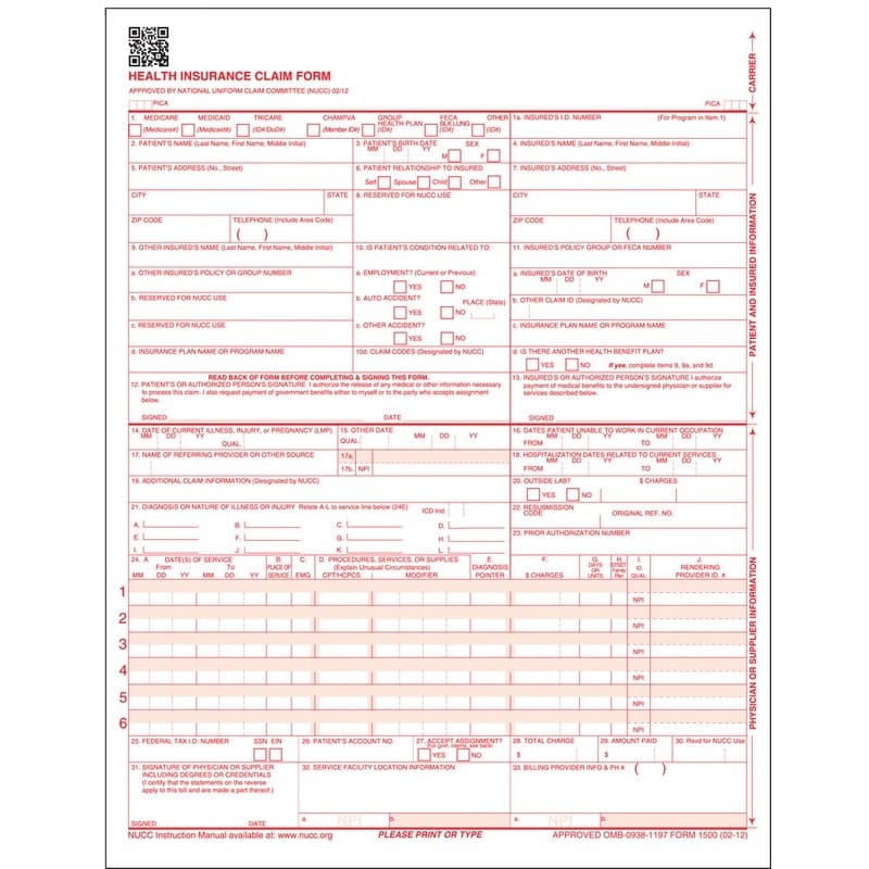 CMS-1500 (02/12) Laser Cut Sheet (250/case)