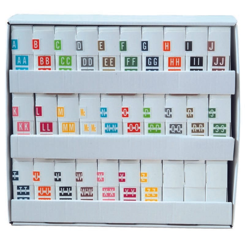 Tabbies Compatible Full Set "A-Z, and Mc" Individual Letter Labels, 1" x 1.5" Polylaminated 100# Stock, 27 Rolls of 500