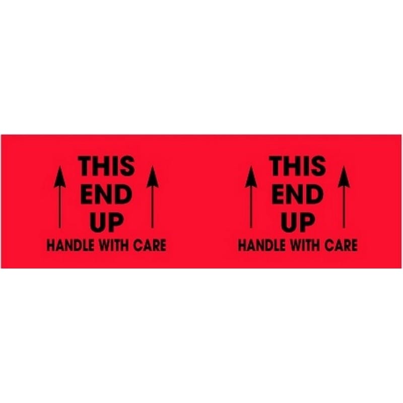 3" x 10" Black/Fluorescent Red This End Up Handle with Care Labels (500 per Roll)