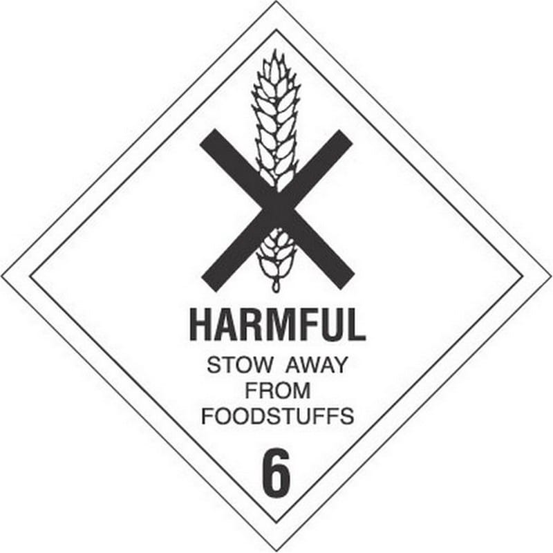 4" x 4" Harmful Stow Away from Foodstuffs D.O.T. Class 6 Hazard Labels (500 per Roll)