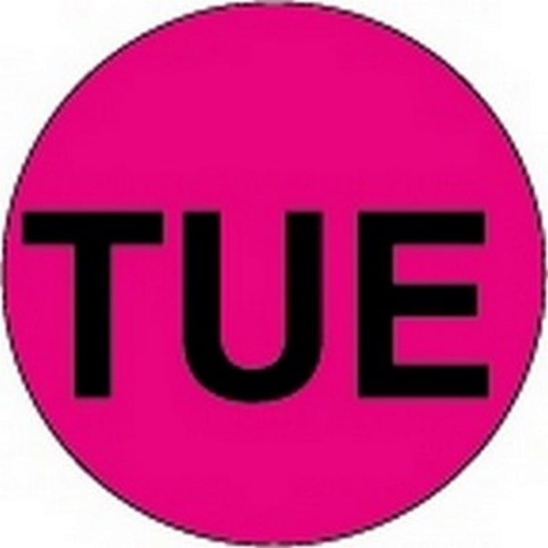1" Diameter "TUE" Day of the Week Circle Labels (500 per Roll)
