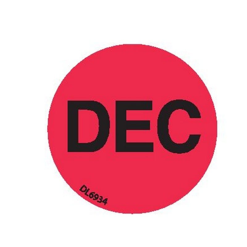 1" Diameter "Dec" Months of the year labels (500 per Roll)