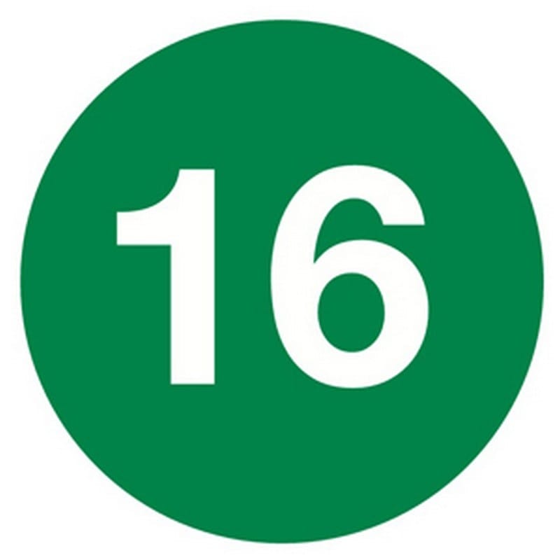 2" Diameter Number 16 Circle Labels (500 per Roll)