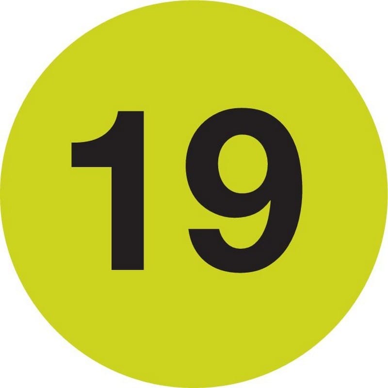 1" Diameter number 19 circle labels (500 per Roll)