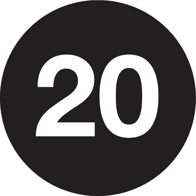 1" Diameter number 20 circle labels (500 per Roll)