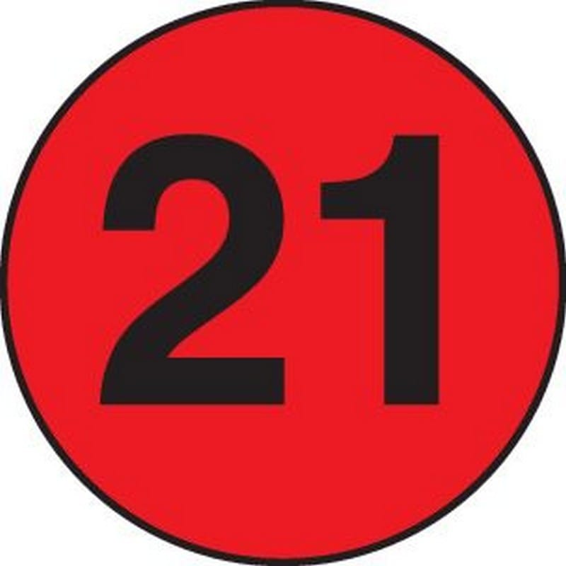 2" Diameter number 21 circle labels (500 per Roll)