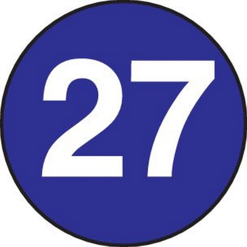 2" Diameter number 27 circle labels (500 per Roll)