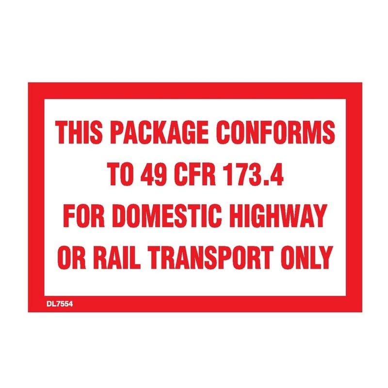 3" x 5" This package conforms to 49 CFR- 173.13 for dometic highway or rail transport only labels (500 per Roll)