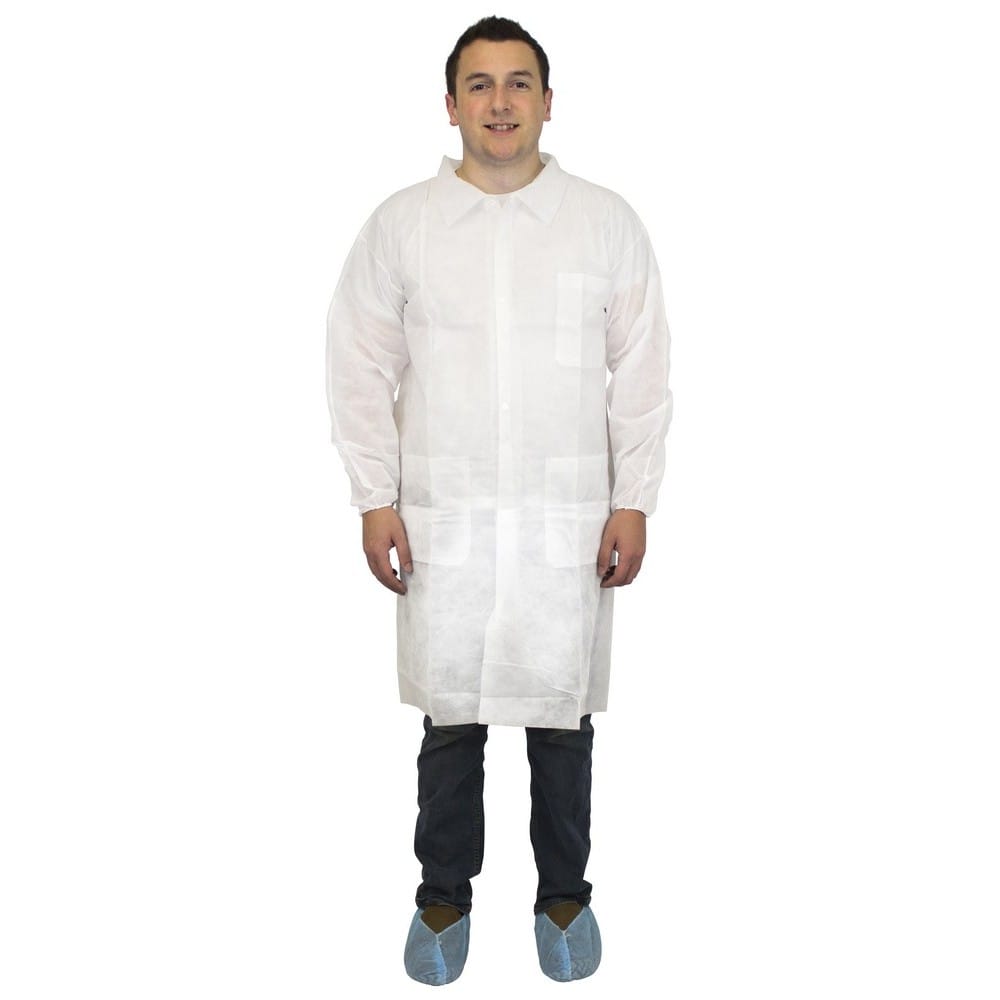 Medium, White Polypropylene Economy Lab Coat, 3 Pockets, Elastic Wrists (30 per Case)