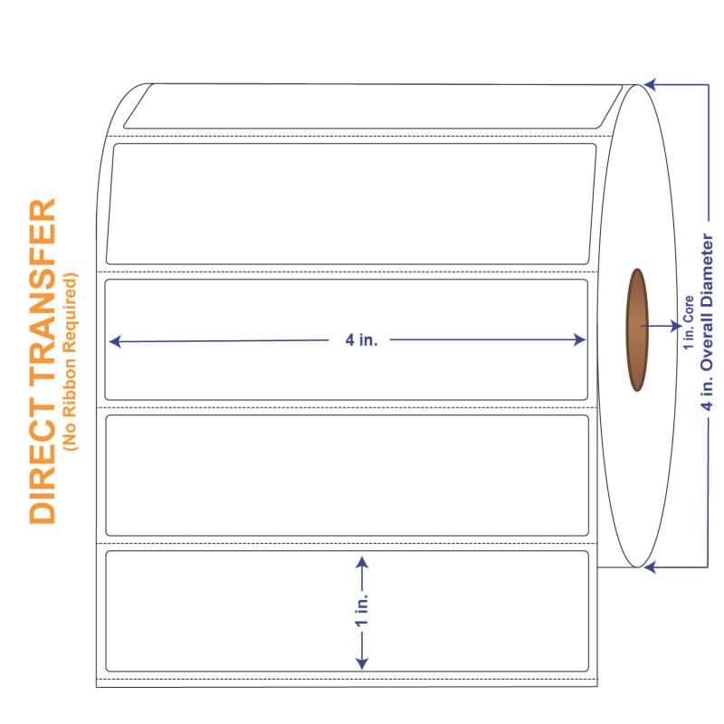 4" x 1" White Direct Print Thermal Labels, 1310 per roll (4 Rolls per Carton)
