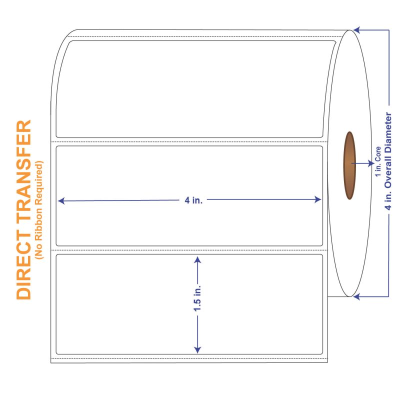 4" x 1-1/2" White Direct Print Thermal Labels, 960 per roll (4 Rolls per Carton)