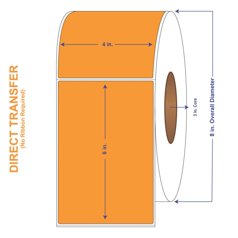 4" x 6" Orange (136) Direct Print Thermal Labels, 1000 per roll (4 Rolls per Carton)