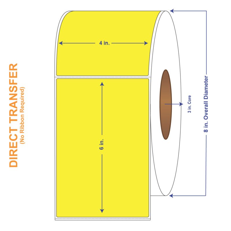 4" x 6" Pantone Yellow Direct Print Thermal Labels, 1000 per roll (4 Rolls per Carton)