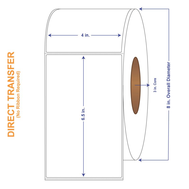 4" x 6-1/2" White Direct Print Thermal Labels, 900 per roll (4 Rolls per Carton)