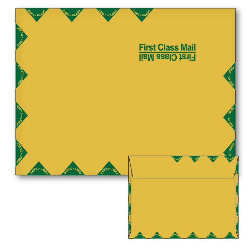Brown Booklet Envelopes, Printed First Class Mailer, Brown Kraft, 28 lb. Size: 10" x 13" - Qty 500 per box