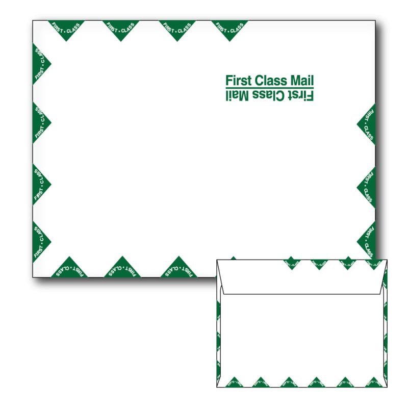 White Booklet Envelopes, Printed First Class Mailer, White Wove, 28 lb. Size: 9-1/2" x 12-5/8" - Qty 500 per box