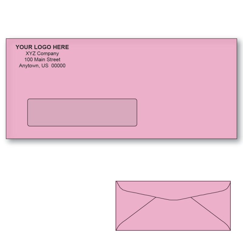 Custom Printed #10 Pink Window Envelopes, 4-1/8" x 9-1/2" Pink Wove, 24 lb, Standard Flap (Box of 500)