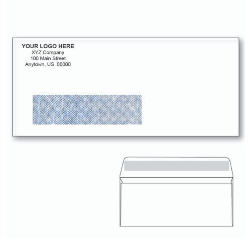 Custom Printed #10 Peel & Seal Window Envelopes, Blue Tint, 4-1/8" x 9-1/2" White Wove, 24lb, Standard Flap (Box of 500)