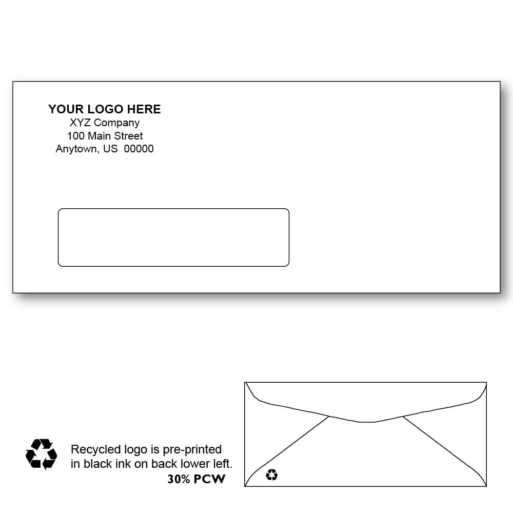 Custom Printed #10 Recycled Window Envelopes, 4-1/8" x 9-1/2" White Wove, 24 lb, Standard Flap (Box of 500)